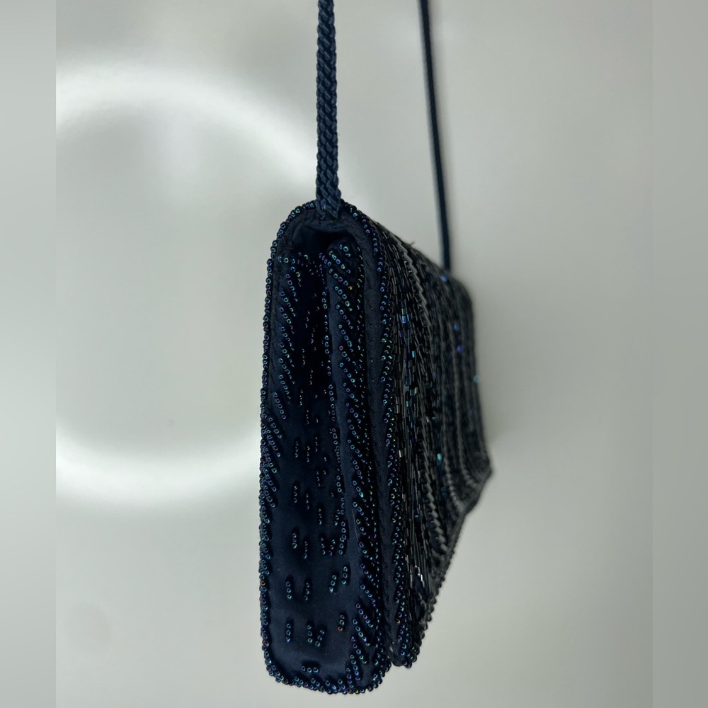 Vintage 1960s Genie Cross Body Beaded Purse Black/Navy Blue/Silver Evening Bag - Picture 9 of 16